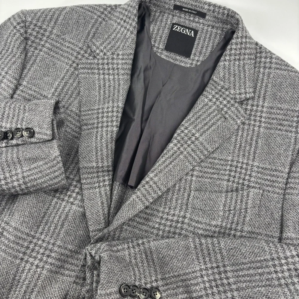 Zegna Men Sportcoat Blazer 48 R Gray Glen Plaid Cashmere Silk Italy Unstructured